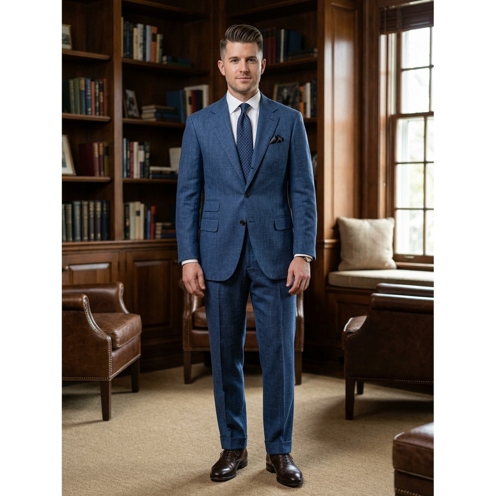 Sid Mashburn Suit Mens 46R Landry No 4 Blue Italian Textured Wool Linen Silk